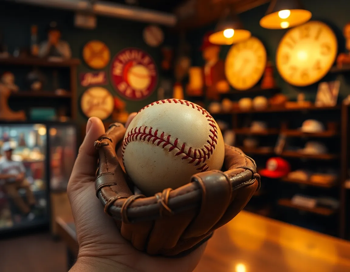 A captivating shot of a vintage baseball glove and ball displayed in a cozy memorabilia store, illuminated by warm tungsten lighting. The image highlights the emotional connection between fans and the game, with selective focus drawing the viewer’s attention to the details of the glove's leather and the ball's stitching. The background softly blurs into a painterly bokeh, enhancing the nostalgic mood.