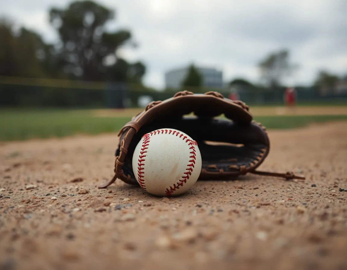 Set on a peaceful game day at a local baseball park, a worn baseball and glove sit together on the infield, capturing the spirit of the sport with a nostalgic feel. The soft overcast light diffuses across the scene, highlighting the textures of the glove and baseball, while the blurred background of the field gives a sense of depth. Muted tones evoke calmness, making this image a perfect representation of baseball's simplicity and beauty.