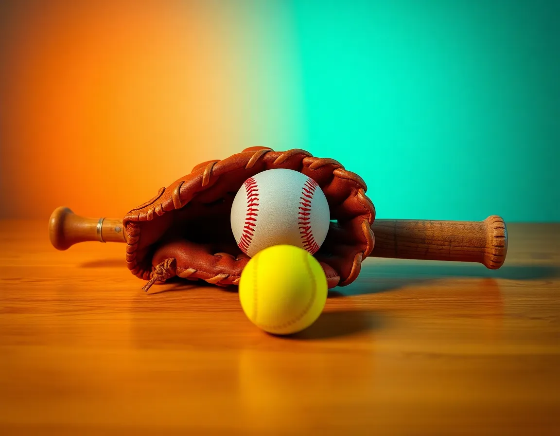 This captivating still life features an exquisite arrangement of a baseball glove, ball, and bat resting elegantly on a polished wooden surface. The professional studio lighting highlights the rich textures and craftsmanship of each item, while the cinematic teal and orange color grading adds a dramatic flair. The centered symmetrical composition draws the viewer's eye, creating an image that speaks to the spirit of the game and the anticipation of play, making it perfect for sports memorabilia displays.