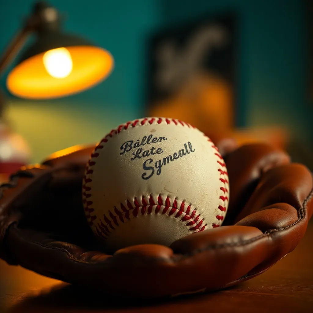 A vintage baseball and glove are artfully arranged under warm, directional lighting, creating an inviting scene. The cinematic color grading adds a nostalgic feel, enhancing the textures of the worn leather glove and the scuffed baseball. The shallow depth of field draws attention to the foreground, allowing the background to softly fade away. The overall composition evokes memories of America’s pastime, inviting viewers into the nostalgic world of baseball.