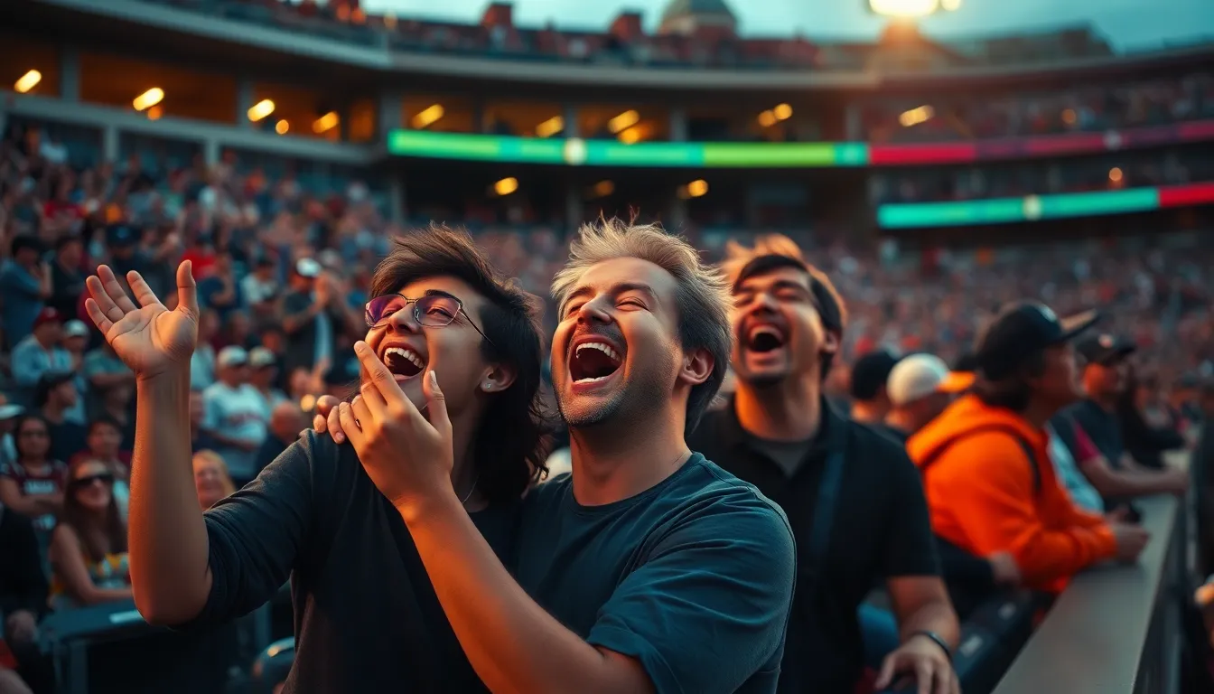 A lively image capturing the sheer joy of fans celebrating a home run in a bustling stadium. The natural evening light accentuates their expressions, conveying a palpable sense of excitement and unity among the crowd. With a shallow depth of field, the focus is on the jubilant fans, while the background blurs into a highlight of colors. The composition and cinematic color grading amplify the exhilarating spirit of baseball, making this a perfect representation of the sport's community and energy.