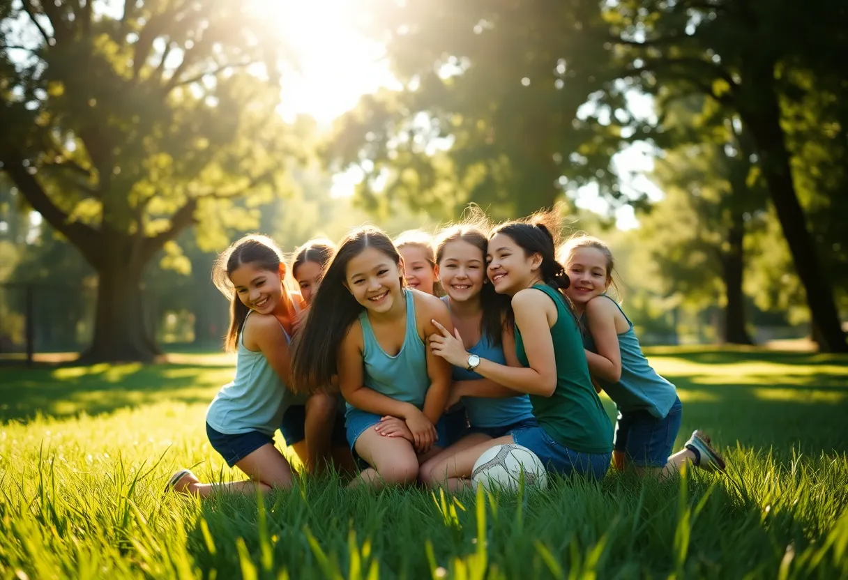 A heartwarming scene of a baseball team engaged in a lively discussion during a sunny afternoon. Dappled sunlight filters through the trees, lighting up the players' joyful expressions. The selective focus invites viewers to connect with the camaraderie and excitement of the moment. Warm skin tones and creamy highlights contribute to a vibrant atmosphere, while textures of the grass and sunlight enhance the scene's authenticity.