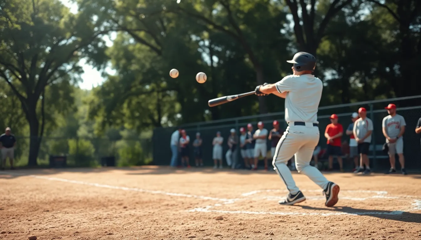 This dynamic image captures a batter in mid-swing, sending a baseball soaring into the air, while nearby teammates are visibly cheering in excitement. Dappled sunlight filters through the tree canopy, creating an ethereal background that highlights the intensity of the moment. The earthy tones of the dirt field contrast beautifully against the vibrant colors of the players’ uniforms, while the leading lines focus attention on the action, conveying the thrill of the summer baseball game.
