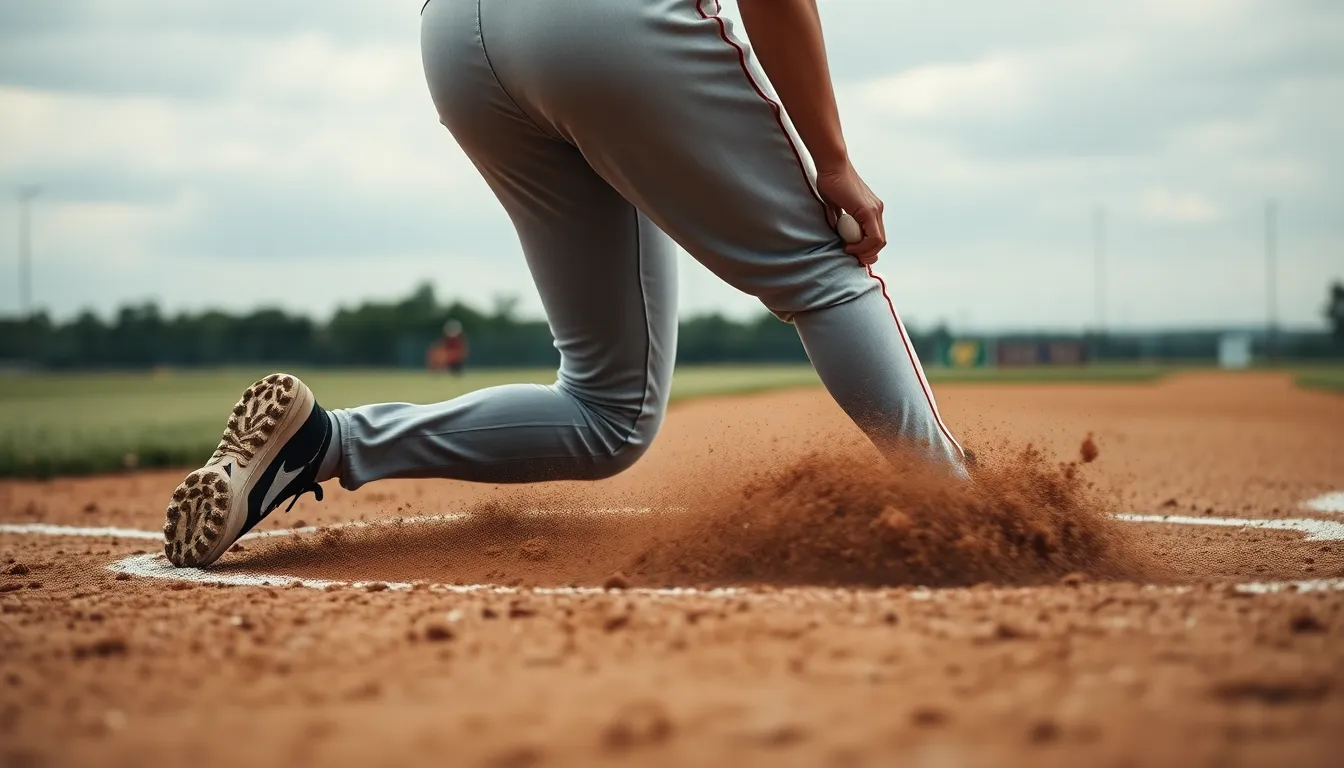 An action-packed shot of a baseball player executing a dramatic slide into home plate during an afternoon game. The scene is illuminated by soft, overcast daylight, providing even lighting that highlights the player's focus and determination. Sharp details capture the dirt flying up from the slide and the fabric of the uniform, creating a dynamic sense of movement. The muted earth tones contribute to a raw and authentic sports atmosphere.
