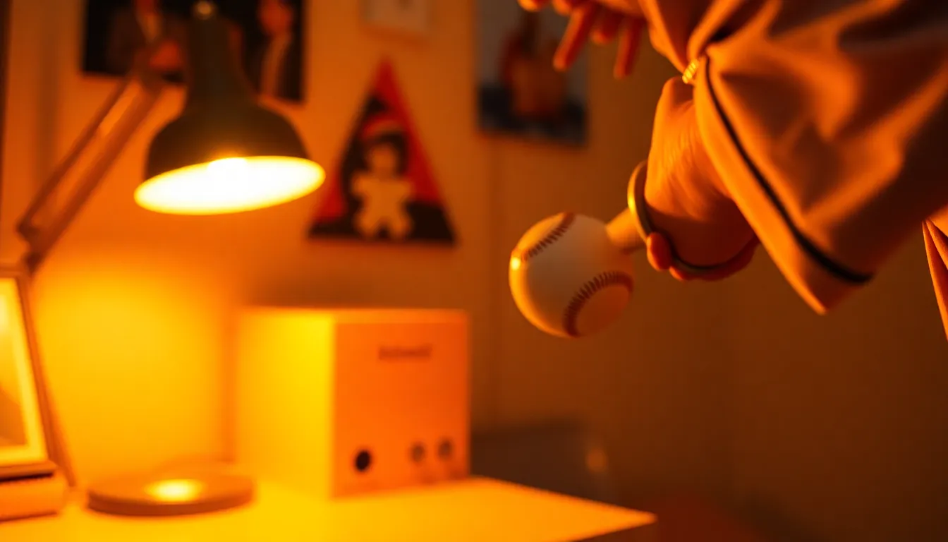 A close-up of a vintage baseball is beautifully presented on a weathered wooden table, illuminated by warm tungsten lighting. The intricate details, including the stitching and leather texture, are sharply in focus against a soft backdrop. The teal and orange color grading adds depth and mood, making this image suitable for vintage sports publications or merchandise. This inviting composition captures the essence of baseball's rich history.