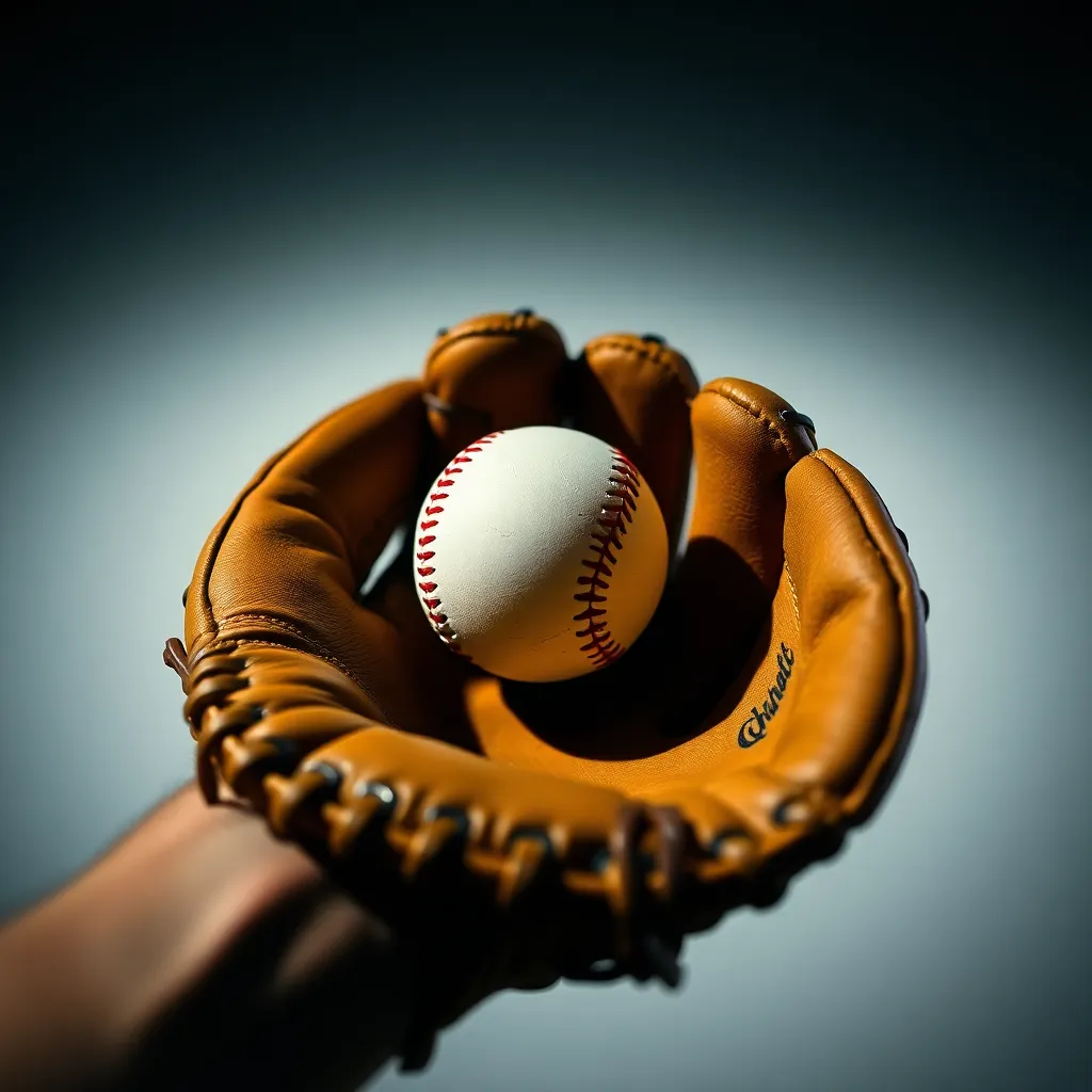 A dramatic close-up shot of a baseball glove snagging a ball just in time. The warm lighting and rich textures of the leather glove add depth and dimension to the image. The shallow depth of field ensures that the glove stands out against a blurred background, emphasizing the action. This image captures the essence of baseball—precision, skill, and the joy of the game through a simple yet powerful moment.