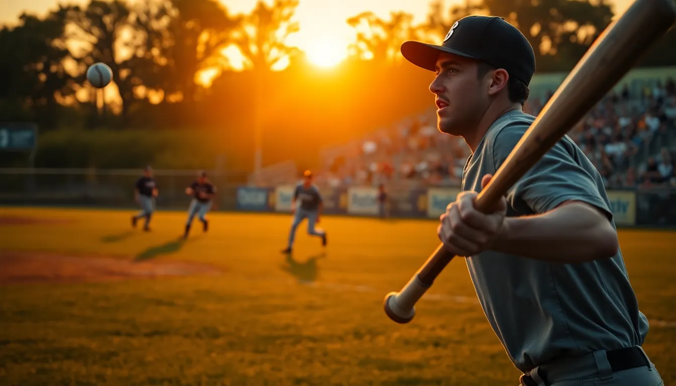 Dramatic Catch in Baseball Game at Sunset This dynamic image captures a player's intense focus during a baseball game at dusk. The warm golden light enhances the vibrant colors of the scene, while the blurred crowd creates a sense of movement and excitement. The outfielder’s determined expression, combined with the contrasting textures of the field and bat, adds depth to the composition. Overall, it conveys the thrill and energy of America’s pastime.