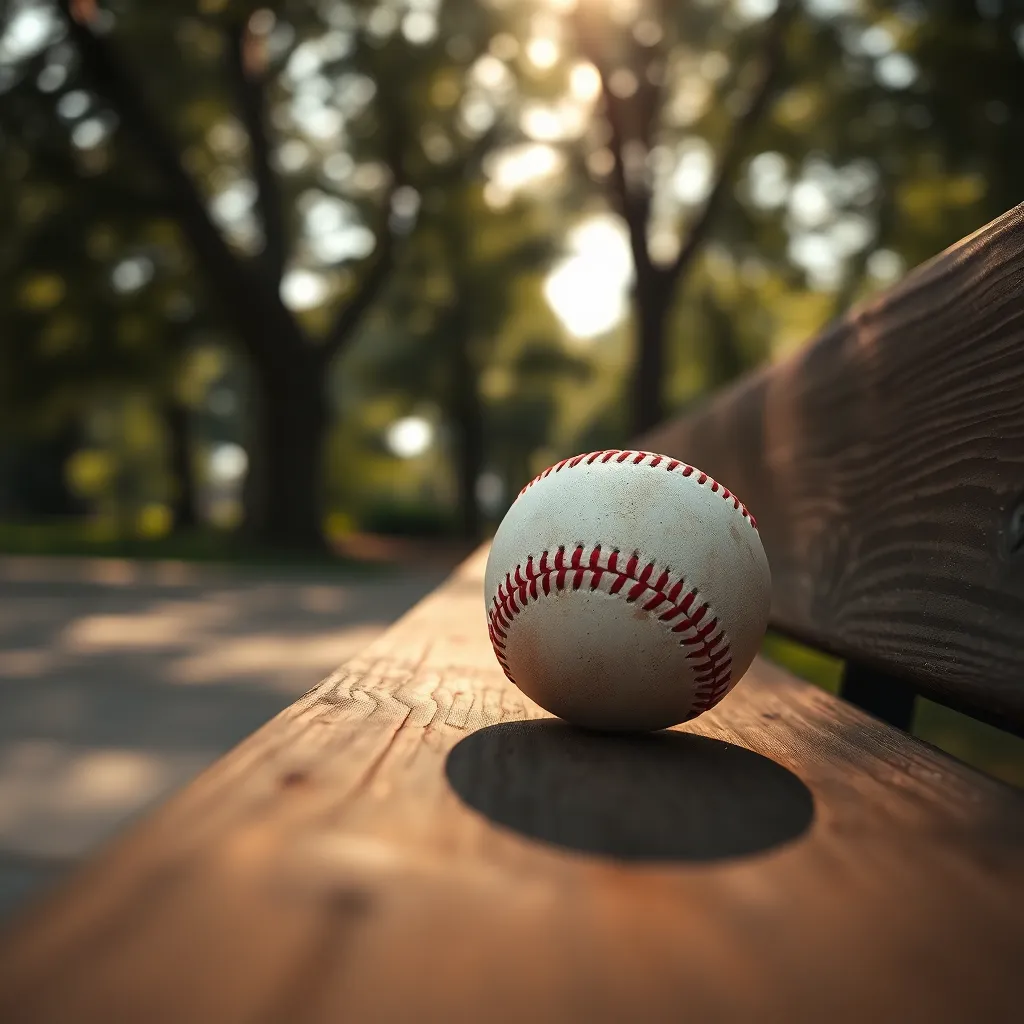 This serene image captures a baseball resting on a rustic wooden bench, illuminated by gentle, dappled sunlight. The focus on the textured leather of the ball against the backdrop of a lush green park creates a nostalgic atmosphere, perfect for leisure moments. The interplay of light and shadow adds depth, while the earthy color palette enriches the scene, inviting viewers to reflect on their own summer memories. This composition beautifully encapsulates the essence of a laid-back day at the park.