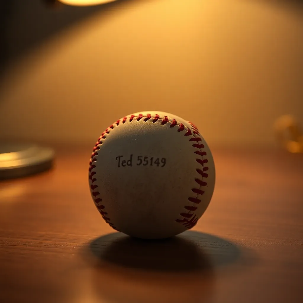 This macro photograph captures the intricate details of a well-loved baseball resting on a rustic wooden surface. The warm light from the desk lamp creates a cozy atmosphere, highlighting the scuffed leather and visible stitching, telling the story of countless games played. The selective focus draws the viewer’s eye directly to the baseball, while the background fades into soft bokeh, adding a touch of artistry. The muted colors lend a nostalgic feel, evoking memories of summer afternoons spent at the ballpark.