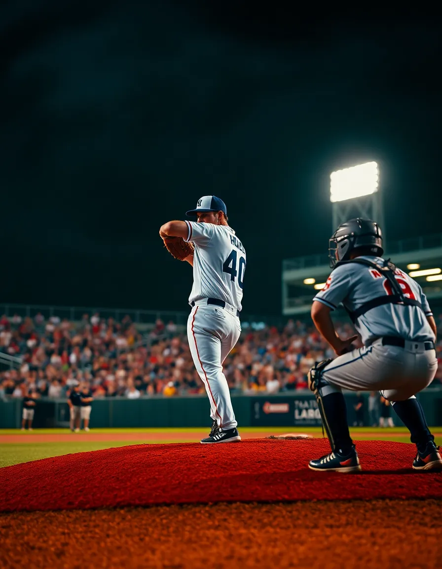 This striking photograph features a pitcher winding up on the mound during a thrilling night game at a minor league stadium. Bright floodlights illuminate the scene, creating a dramatic contrast against the dark sky. The cinematic color grading enhances the mood, while the focused depth of field draws attention to the player's determined expression. Overall, the image captures the excitement and intensity of baseball under the lights.