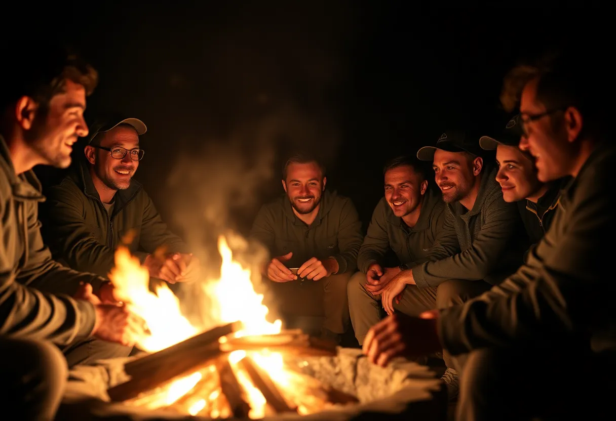 An intimate scene capturing baseball players gathered around a campfire, basking in its warm glow and sharing stories after an intense game. The close-knit composition, with flickering shadows creating a nostalgic feel, adds a touch of camaraderie to the moment. The natural tones emphasize the evening's warmth and connection among the players.