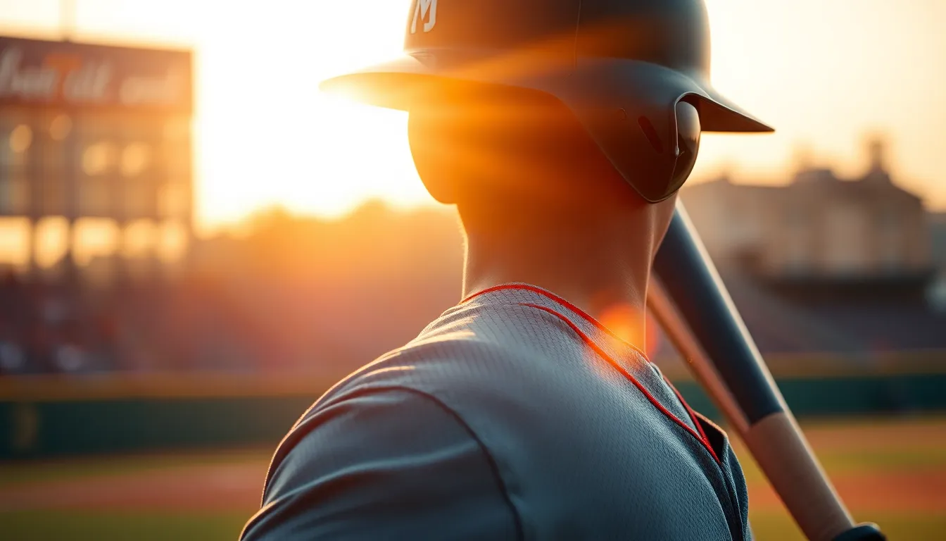 A striking image of a baseball player poised to hit during golden hour, with the warm sun casting a golden glow. The player's expression is focused and determined, showcasing their athleticism in a moment of anticipation. The blurred outfield creates a sense of depth, while the vibrant colors enhance the dynamic atmosphere of the game.