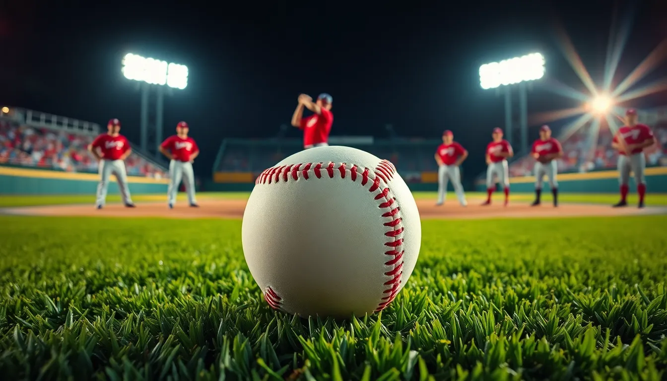 The image captures a dynamic pitcher in mid-throw under bright stadium lights, emphasizing the intensity and focus required in the game. The vibrant colors of the team uniforms burst against the backdrop of a darkened stadium. The sharp details of the grass and the baseball's stitching draw the viewer into the action, creating an immersive sports experience.