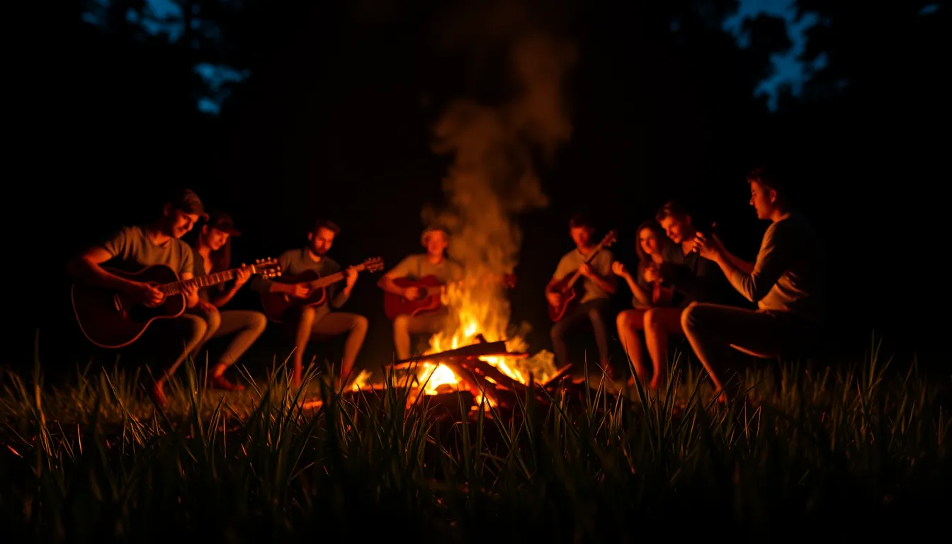 Baseball players gather around a campfire, their faces illuminated by the warm, flickering light. The contrast between the bright fire and the deep night sky creates an intimate and celebratory atmosphere, reflecting on shared experiences and team spirit. The shallow depth of field draws the viewer’s attention to the players’ expressions and camaraderie, while the textures of the grass and shadows add depth to the scene.