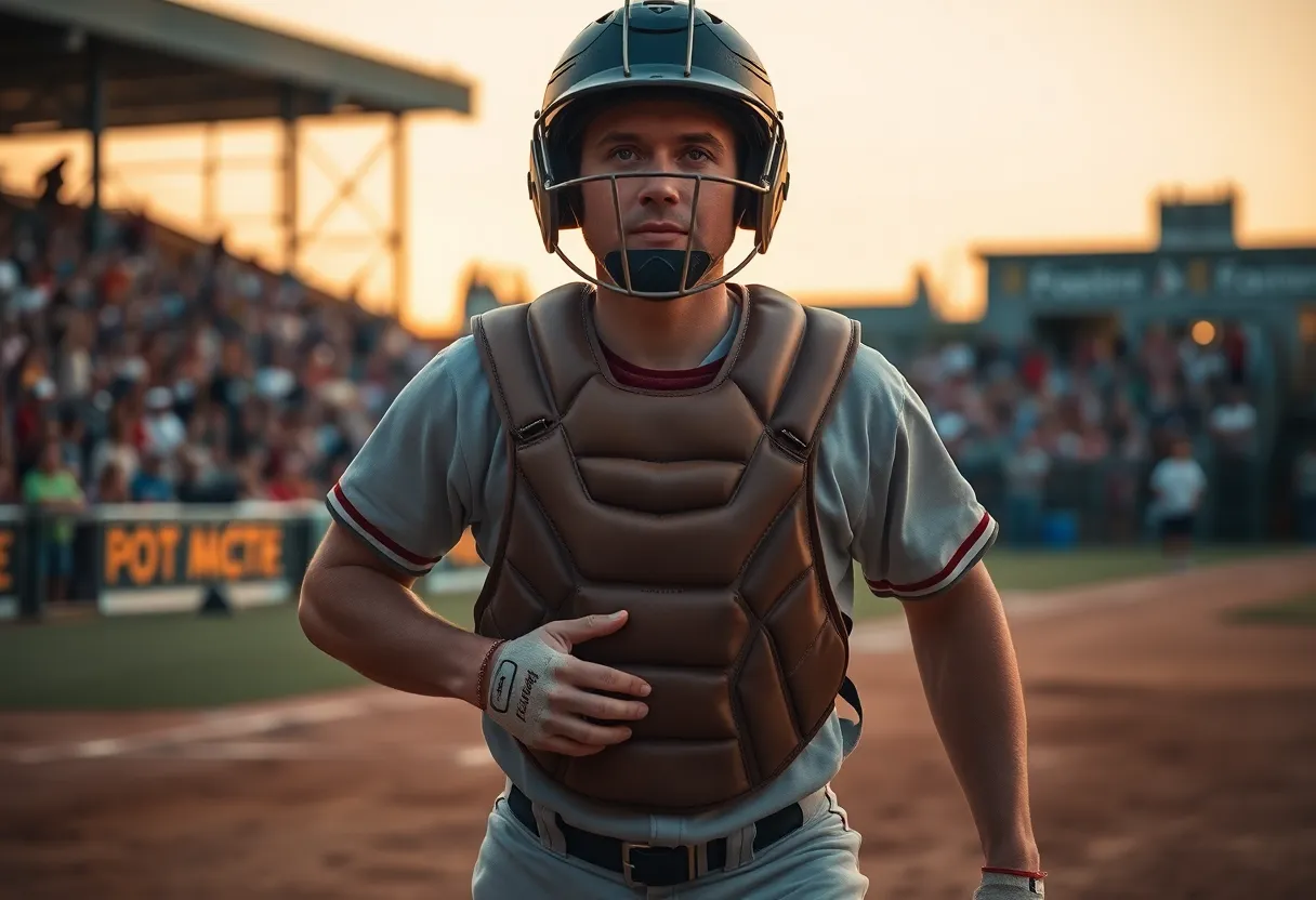 Catcher Preparing for a Pitch at Dusk