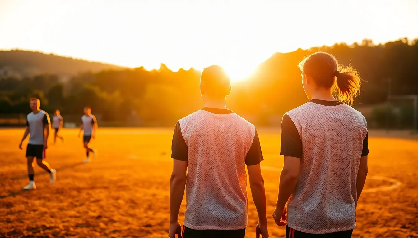 A serene scene of baseball players practicing during the golden hour, with warm light creating a soft halo effect around them. The players are absorbed in their practice, framed within a lush landscape and soft golden tones. The image captures the essence of teamwork and dedication, with a shallow depth of field emphasizing the warmth of the evening. Detailed textures of the players' jerseys and the dirt on the field add to the realism.