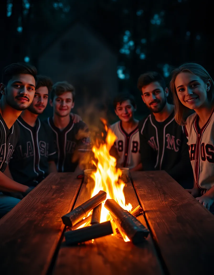 A warm, inviting scene of friends gathered around a campfire, sharing stories and reminiscing about their baseball experiences while dressed in colorful jerseys. The firelight casts a warm glow and flickering shadows across their faces, enhancing the camaraderie of the moment. The selective focus draws attention to their joyful expressions, while the orange and teal grading adds cinematic flair. The rustic picnic table sets the scene, rich in texture and detail, complementing the vibrant atmosphere of friendship and sport.