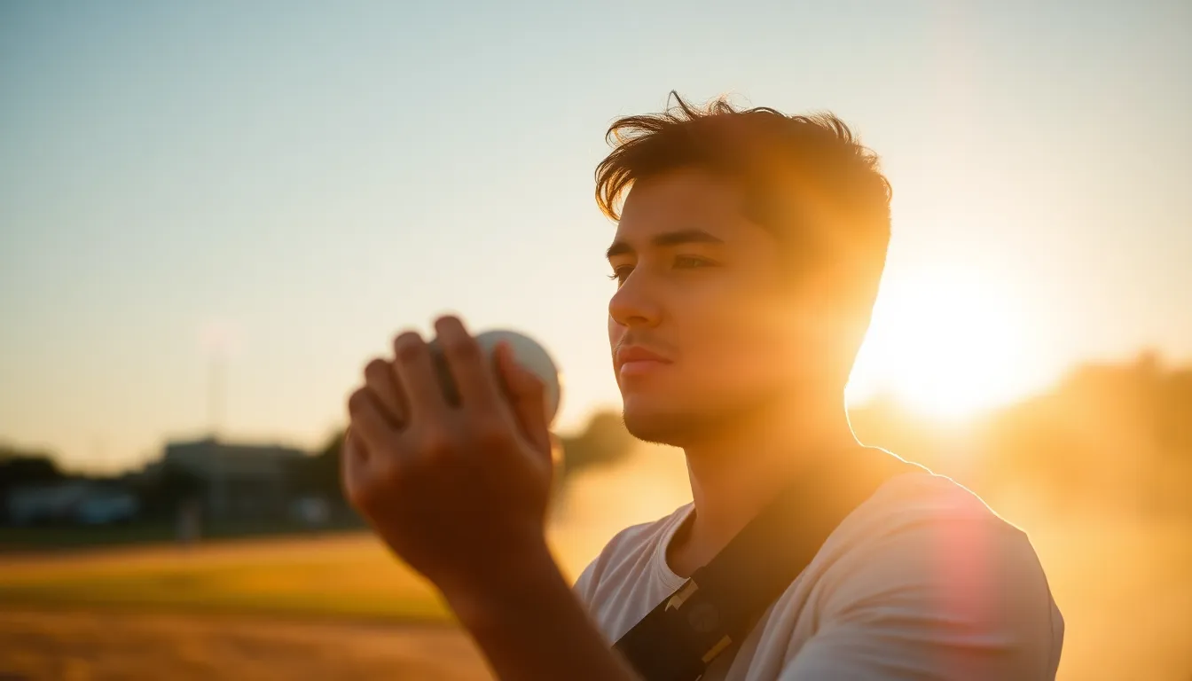 Pitcher in Action during Sunset The image captures a pitcher mid-throw, muscles taut as he releases the baseball, silhouetted against a stunning golden sunset. The warm light creates an ethereal glow around him, emphasizing his athletic form. Dust particles glimmer in the light, adding a magical quality to the scene. With a blurred audience in the background, the focus remains on the athlete's precise motion and intense expression.