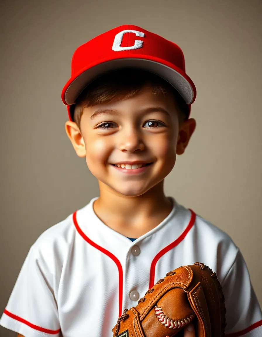 A young child smiles in their baseball uniform, captured with studio lighting for a bright, cheerful effect. The symmetrical composition highlights their excitement for the game, with a focus on the texture of the mitt and uniform. The warm colors from the Kodak Portra palette enhance the scene, adding a nostalgic feel. The child’s natural skin texture shines through, creating an engaging portrait.