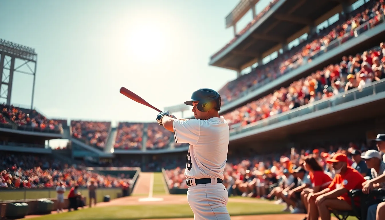 In the heart of a packed stadium, a batter is captured mid-swing, fully focused on the approaching pitch. Fans around him are adorned in colorful outfits, their excitement palpable under the bright afternoon sun. The colors are vivid and contrast against the warm ambiance, enhancing the dynamic atmosphere of the game. This sharp photograph showcases the texture of the bat and the flying ball, emphasizing the action-packed moment.
