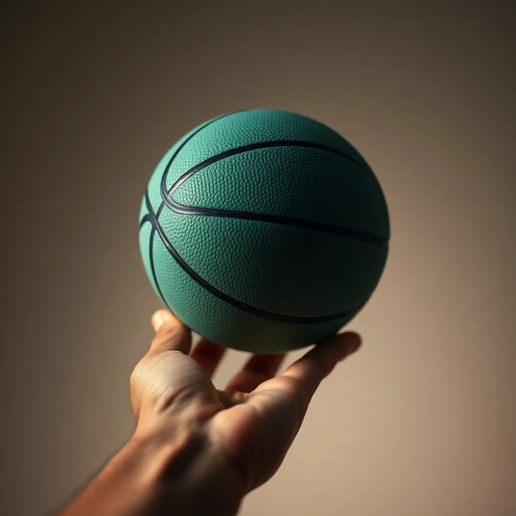 An engaging close-up image of a basketball spinning effortlessly on a finger, showcasing the details of its textured surface. The dramatic Rembrandt lighting emphasizes the interplay of light and shadow, adding depth to the scene. A vibrant teal and orange color grading enhances the overall visual appeal, creating a dynamic atmosphere. This image captures the skill and finesse involved in the sport, inviting viewers to appreciate the artistry of basketball.