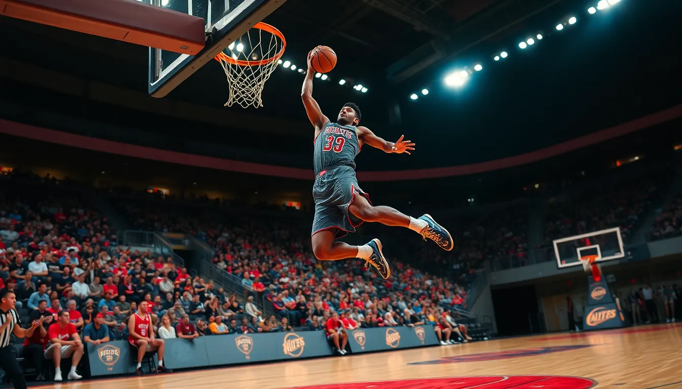 Basketball Player Dunking Under Floodlights