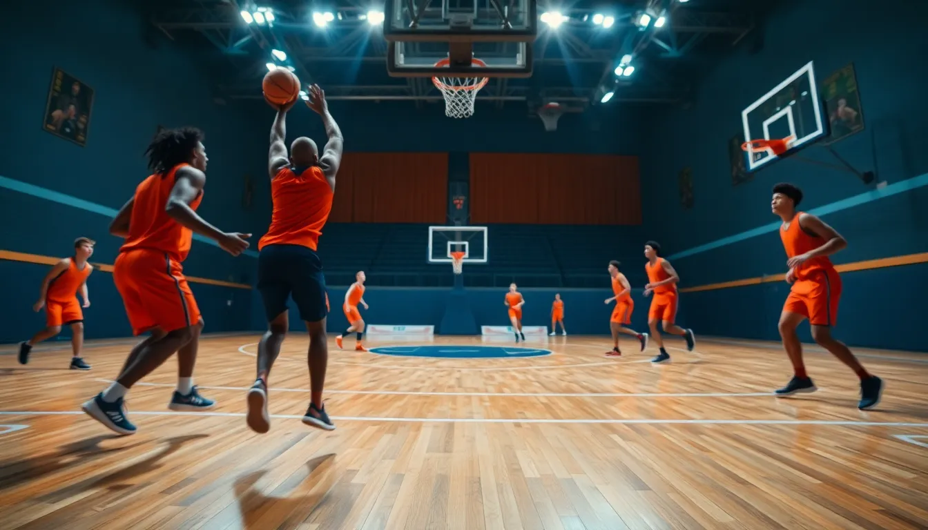 An exhilarating moment on the basketball court as an athlete executes a perfect slam dunk. The dynamic action is highlighted by dramatic studio lighting, casting strong shadows and emphasizing the player’s powerful movement. Deep blues and bright oranges dominate the scene, reflecting team colors. The polished wooden floor adds texture, while the shallow depth of field blurs the background, keeping the focus on the athlete.