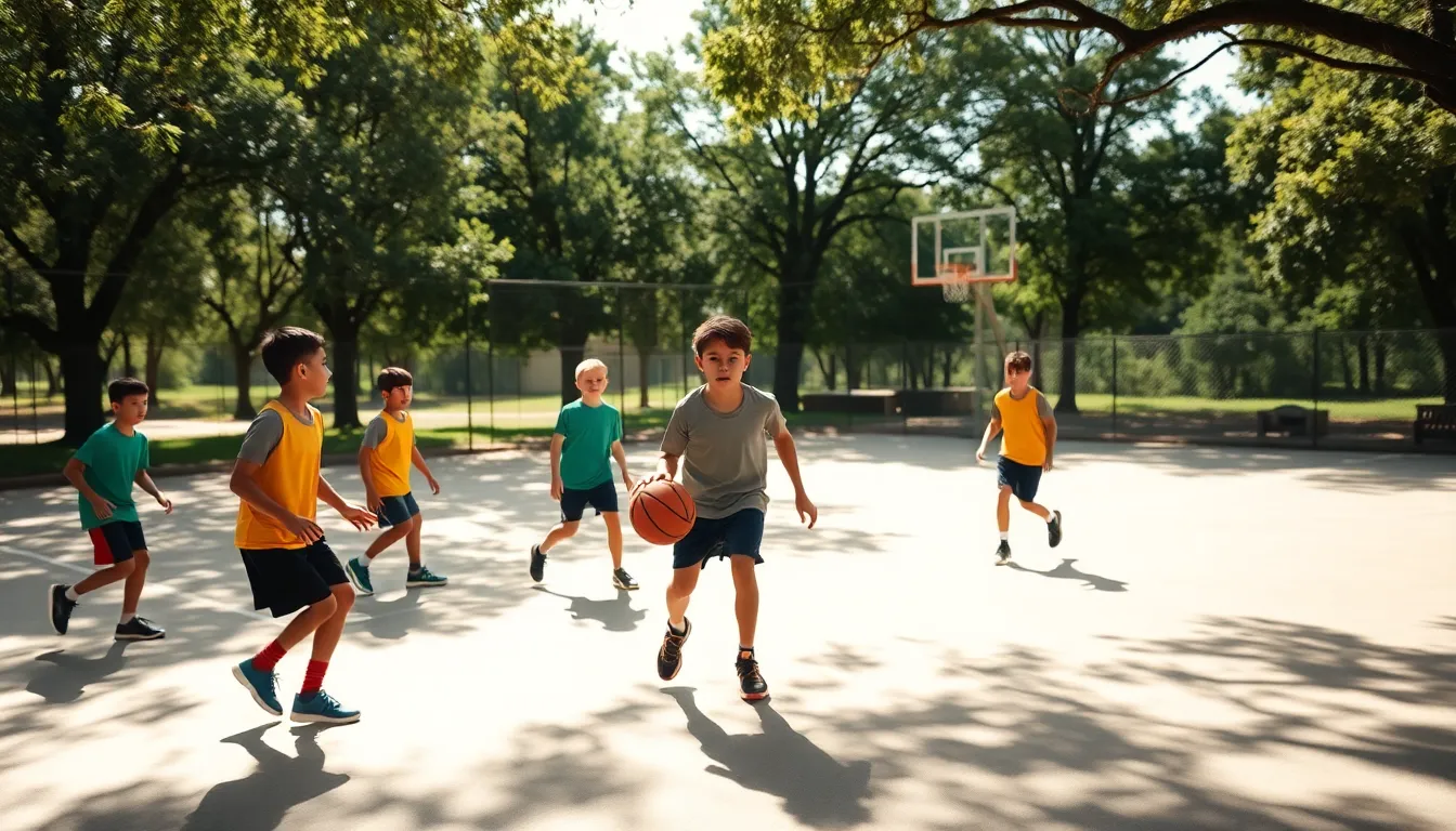 A vibrant scene of young basketball players practicing outdoors under a canopy of trees. The diffused natural light filters through branches, creating a lively atmosphere. A player dribbling the ball takes center stage, highlighted by a shallow depth of field that blurs the surrounding teammates. Warm greens and earthy tones fill the image, reflecting the energy and enthusiasm of youth sports.