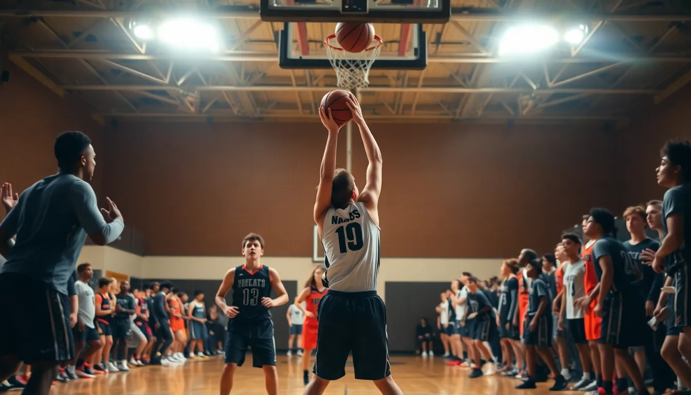 An exhilarating image capturing the intensity of a last-second shot during a high school basketball game. The player, fully focused, is in mid-air, poised to make the decisive shot as the tension in the gym escalates. The warm lighting casts dramatic shadows on the polished hardwood floor, enhancing the action. The composition effectively highlights the energy of the crowd in the background, conveying the excitement and passion of youth basketball.