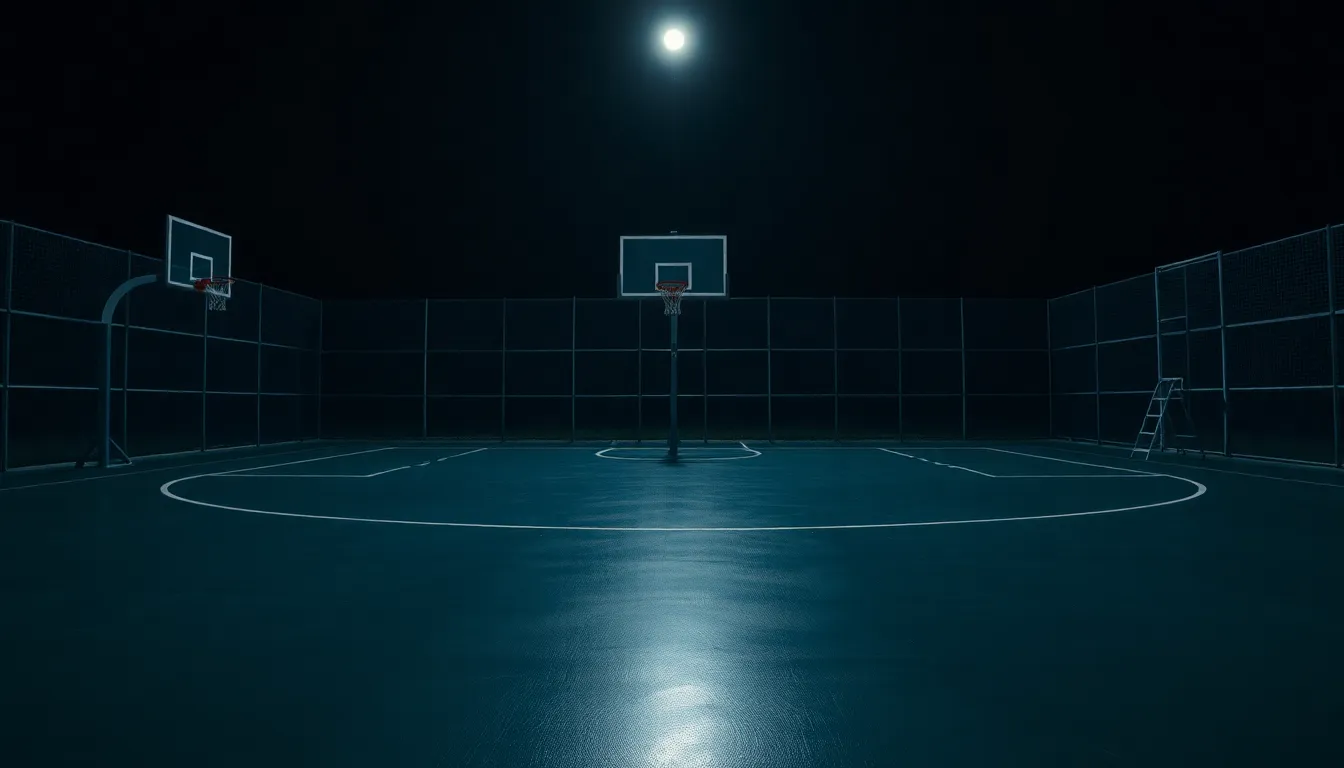 Nighttime Basketball Court Under Moonlight