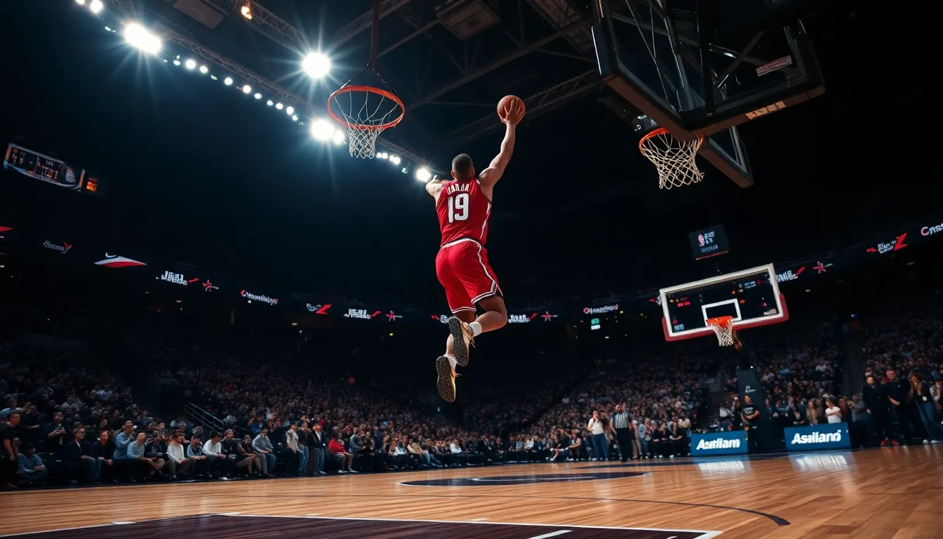 A striking image of a professional basketball player in mid-dunk, captured in a darkened arena with dramatic lighting. The player, dressed in a red jersey, is sharply focused, showcasing muscular detail and determination on his face. The blurred crowd in the background adds a sense of motion and excitement, while the polished hardwood court reflects light beautifully. The rich colors amplify the intensity of the moment, bringing the thrill of basketball to life.
