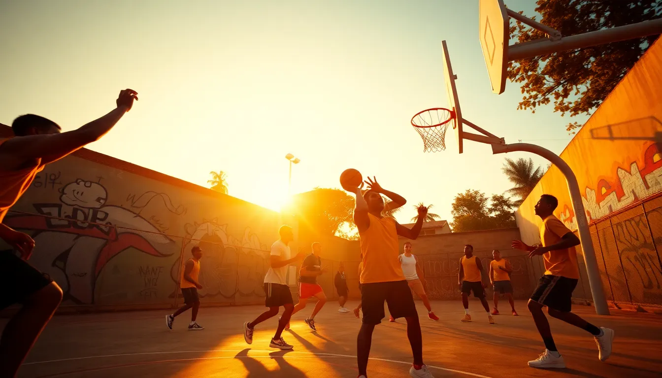 An energetic street basketball game unfolds at sunset, captured from an aerial perspective. The warm golden light adds an inviting glow to the scene, enhancing the players' vibrant uniforms. The cool blue sky contrasts beautifully with the warm tones, creating a dynamic color palette. The composition adheres to the rule of thirds, giving a lively feel while showcasing the textured court and graffiti in the background.