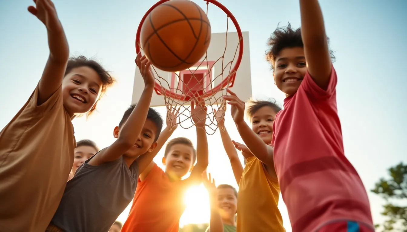 A vibrant scene of children energetically playing basketball on a sunny day, showcasing youthful joy and teamwork. The warm sunlight beautifully illuminates their smiles and colorful clothing, creating an inviting atmosphere. As they cluster around the hoop, the bokeh background allows their animated expressions to take center stage. This image captures the essence of childhood and the spirit of play, perfect for illustrating community and outdoor activity.