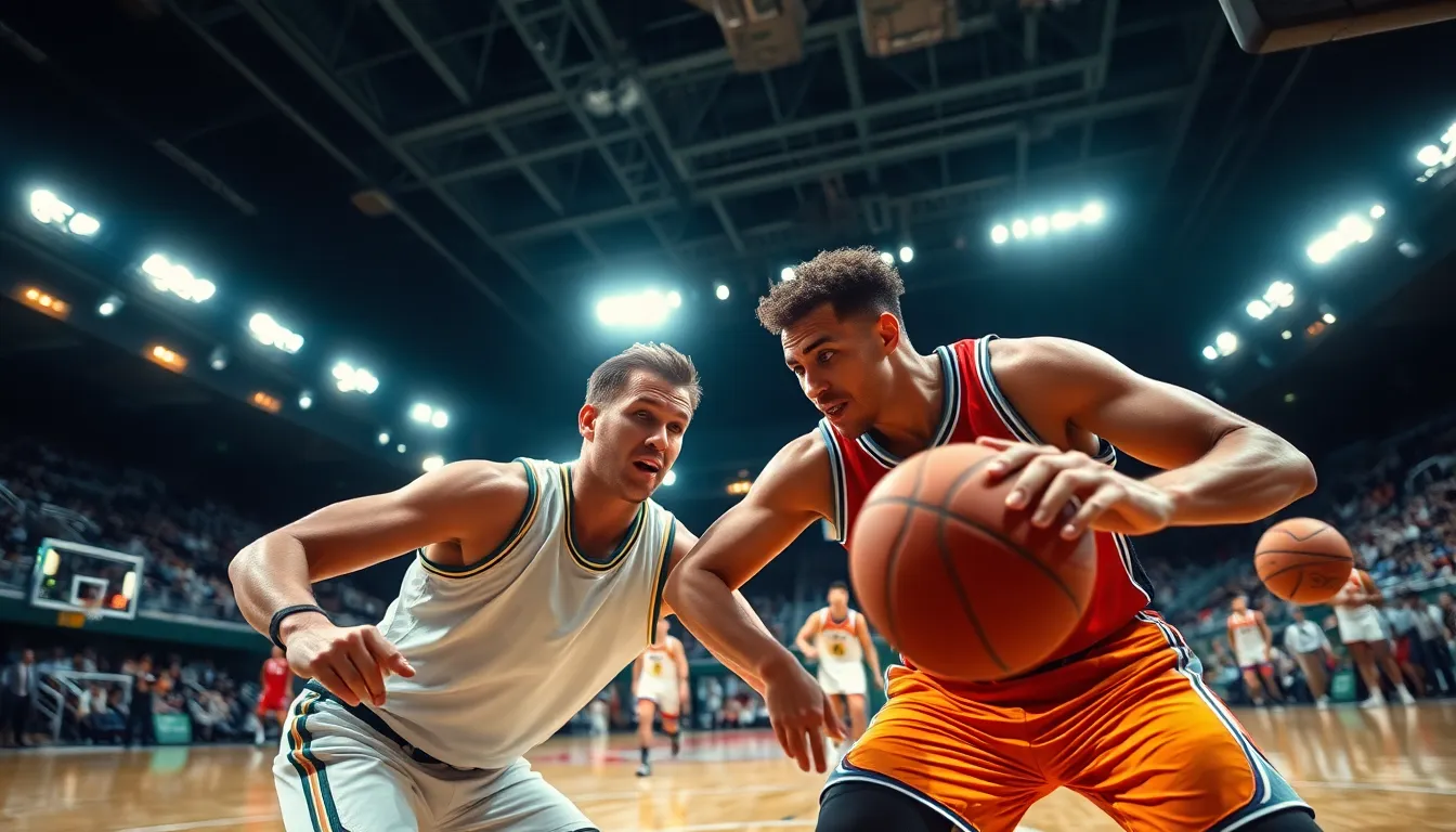An intense moment captured during a professional basketball game, showcasing two players battling for control of the ball. The bright stadium lights illuminate their expressions and the vibrant colors of their uniforms. A deep depth of field keeps both players in sharp focus, enhancing the action's intensity. The dramatic diagonal composition adds tension and excitement, with the polished court reflecting the dynamic atmosphere of the game.