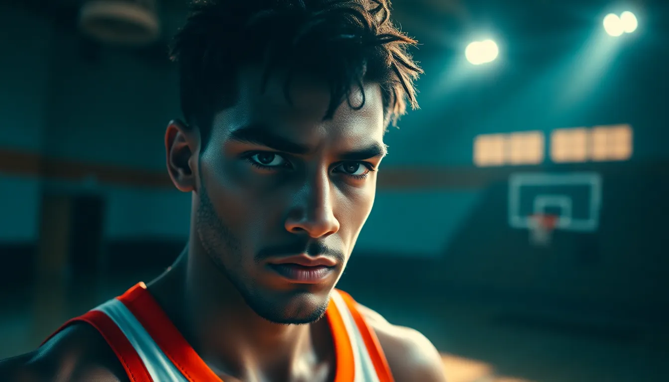 An intense basketball player captured mid-action under dramatic spotlighting. The player's focused expression and athletic physique are highlighted against the high-contrast shadows on the polished hardwood floor. The warm tones in the skin contrast with the cooler background, creating a cinematic feel. Sweat glistens under the lights, enhancing the dynamic atmosphere of the scene.
