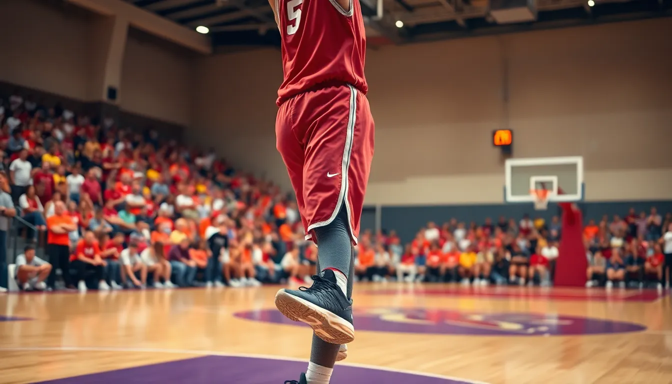 An action-packed moment captures a basketball player mid-jump, preparing to shoot at the net during a game. The overcast lighting casts a flattering glow on the scene, emphasizing the energy and focus of the player. The blurred crowd in the background enhances the sense of motion, creating an engaging visual narrative. Rich team colors and the sheen of the basketball court add to the vibrant feel of this exhilarating sports moment.