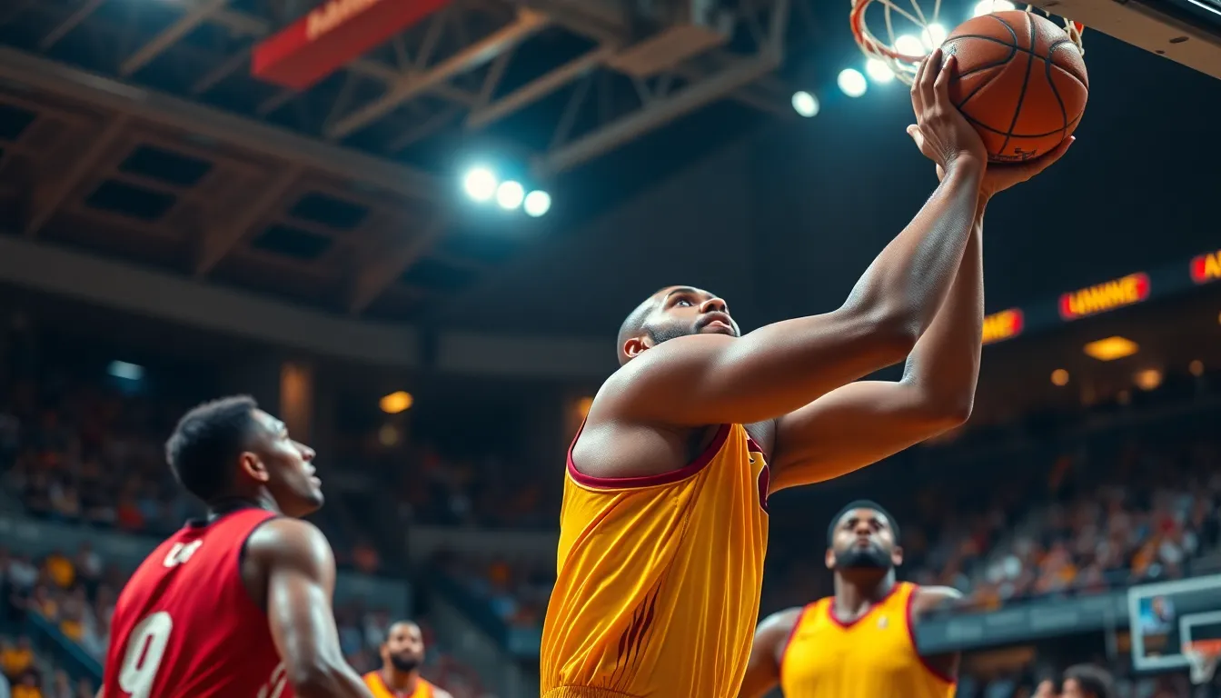 A thrilling moment captured during an intense basketball game, showcasing a player executing a soaring dunk. The vibrant stadium lights cast dramatic shadows, accentuating the athlete's physique. With fans blurred in the background, the focus remains on the energy and motion of the action. The teal and orange tones evoke a sense of excitement and competition, while the texture of the player's jersey adds depth to the image.
