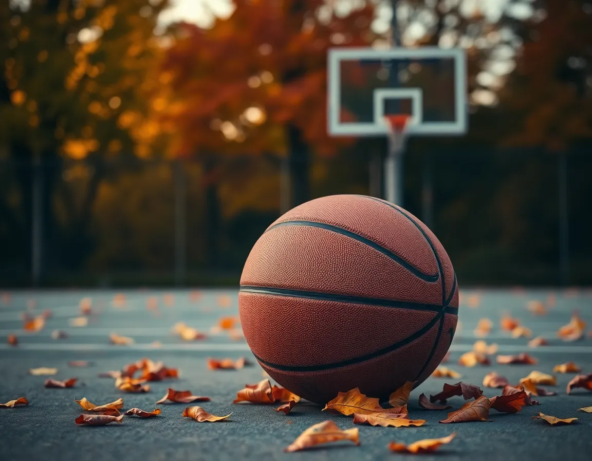 This visually arresting image captures a basketball in mid-bounce, droplets of sweat suspended above the court in dramatic slow motion. The strong overhead lighting highlights the intricate details of the ball and the sparkling droplets, creating a striking contrast against the dark background. The natural muted color palette enhances the scene's intensity, allowing the vibrant orange of the basketball to stand out. With a focus on both the ball and the droplets, the composition draws the viewer into the action, evoking a sense of movement and energy.