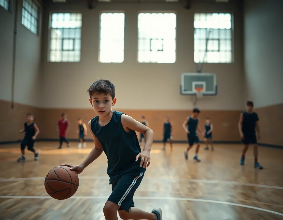 Youth Basketball Practice in Warm Indoor Light