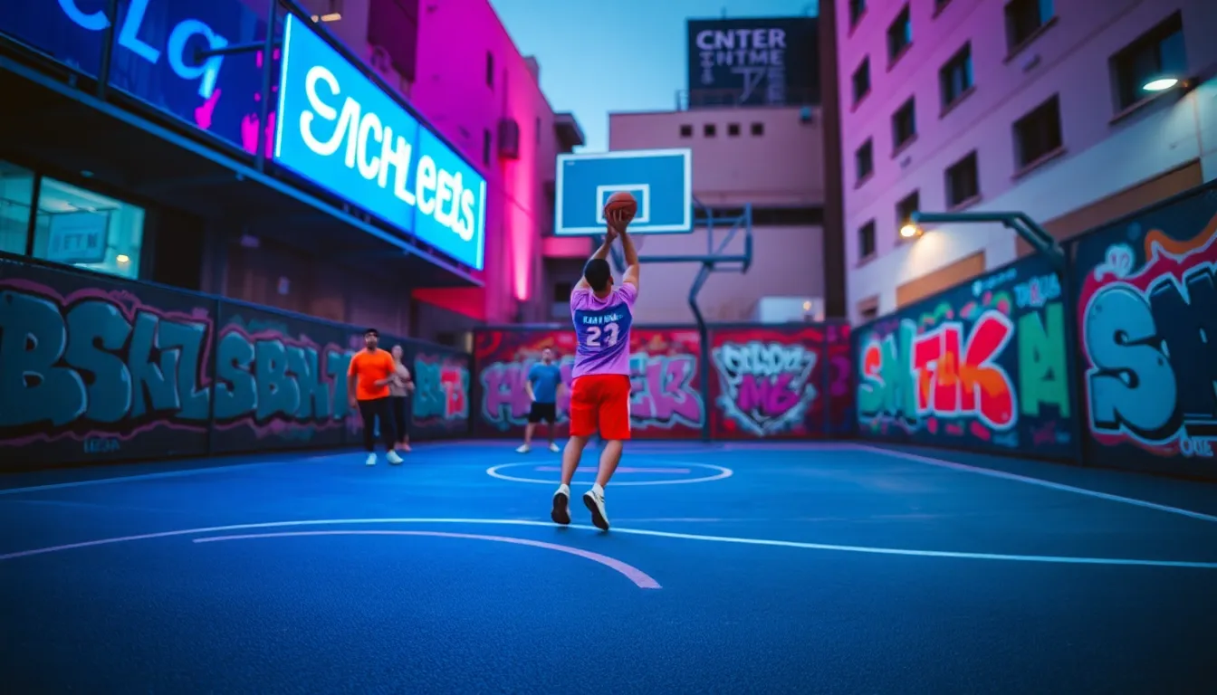 This dynamic image captures the essence of urban basketball as players showcase their skills on the street court during evening hours. The vibrant neon lights cast playful reflections, enhancing the vivid colors of the players' uniforms. With a focus on a player shooting a three-pointer, the background blurs into a colorful urban landscape, filled with graffiti art. The overall atmosphere is charged with energy and passion, truly embodying the spirit of street basketball.