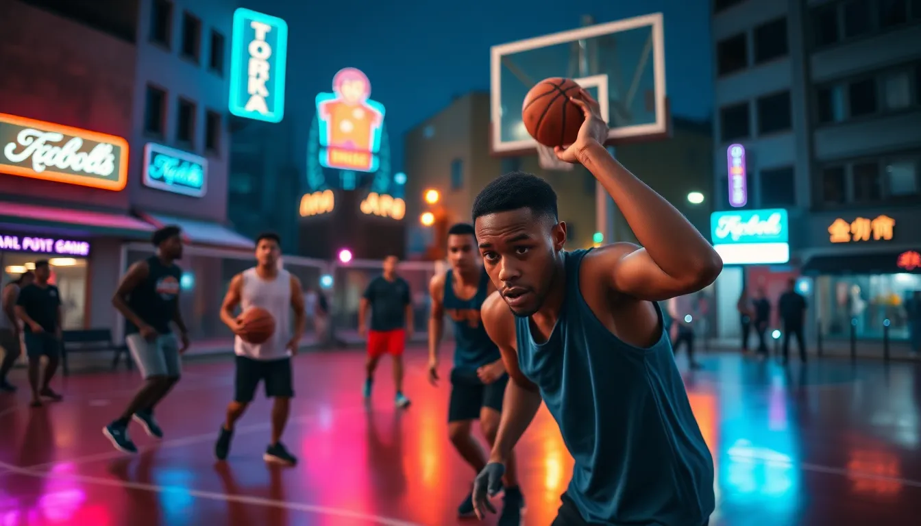 This electrifying image captures a street basketball game at dusk, where vibrant neon lights reflect off the slick pavement. The practical lighting creates a lively atmosphere, while the shallow depth of field highlights the players' intense expressions in action. The composition features a dynamic Dutch angle, emphasizing the energy and excitement of the street basketball culture. The blend of colors from the neon signs creates a captivating backdrop, enhancing the gritty urban scene.