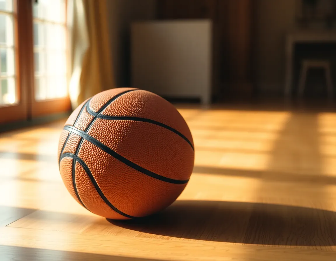 This serene image features a basketball resting on a sunlit wooden floor, showcasing the intricate textures of both the ball and the surface beneath it. The warm, natural light enhances the rich colors of the basketball, while soft shadows add depth to the composition. With a dreamy bokeh background, the shot invites viewers to appreciate the sport's details and craftsmanship. The connection between the materials creates a warm, inviting atmosphere.