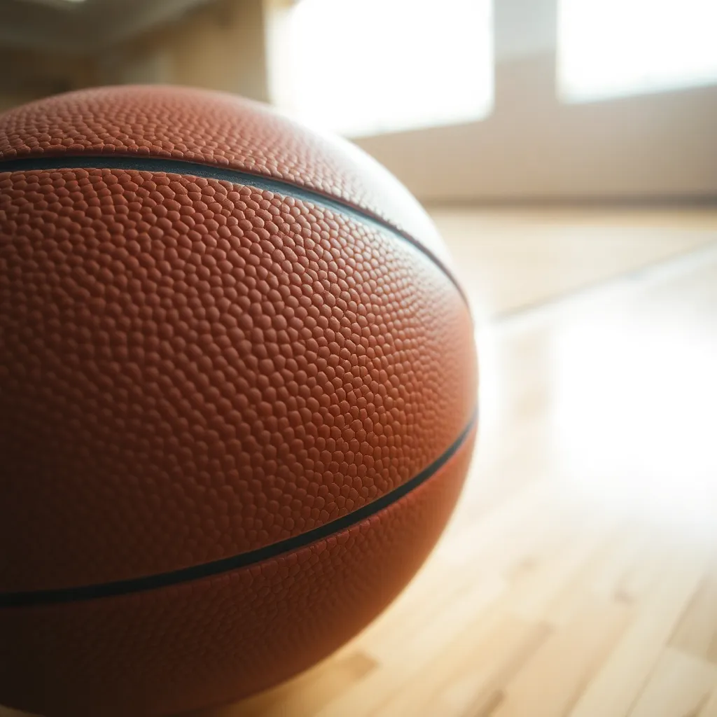 This detailed close-up shot highlights the exquisite craftsmanship of a basketball, showcasing its textured leather surface and intricate stitching. The soft, natural light enhances the colors, creating a warm and inviting mood. The shallow depth of field isolates the ball, drawing attention to its quality and durability. This image serves as a perfect representation of the sport and its equipment, inviting the viewer to appreciate the finer details.