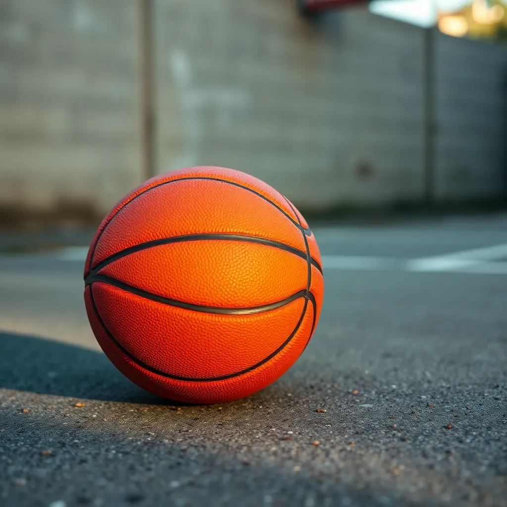 This close-up shot showcases a basketball resting on a textured outdoor court, illuminated by the soft light of the afternoon sun. The shallow focus highlights the intricate details of the ball's surface, emphasizing its depth and character. The contrasting colors of the vibrant orange ball against the muted concrete create an inviting aesthetic. This image captures the essence of the game, evoking a sense of nostalgia for outdoor play.
