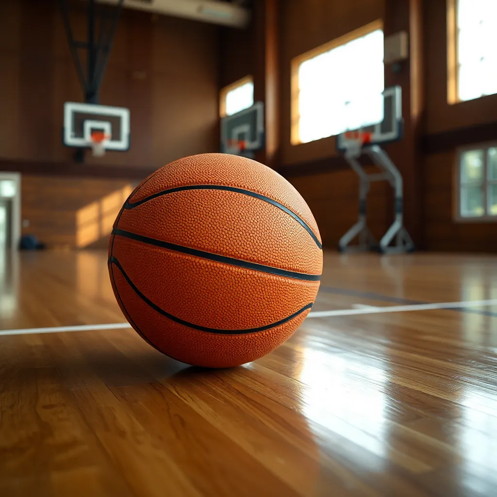 This image captures an intimate close-up of a basketball resting on a shiny wooden gym floor. Soft daylight filtering through windows creates a serene atmosphere, highlighting the rich textures of both the ball and the floor. The composition centers on the basketball, drawing attention to its vibrant color and surface details. This portrayal evokes feelings of nostalgia and dedication to the sport.