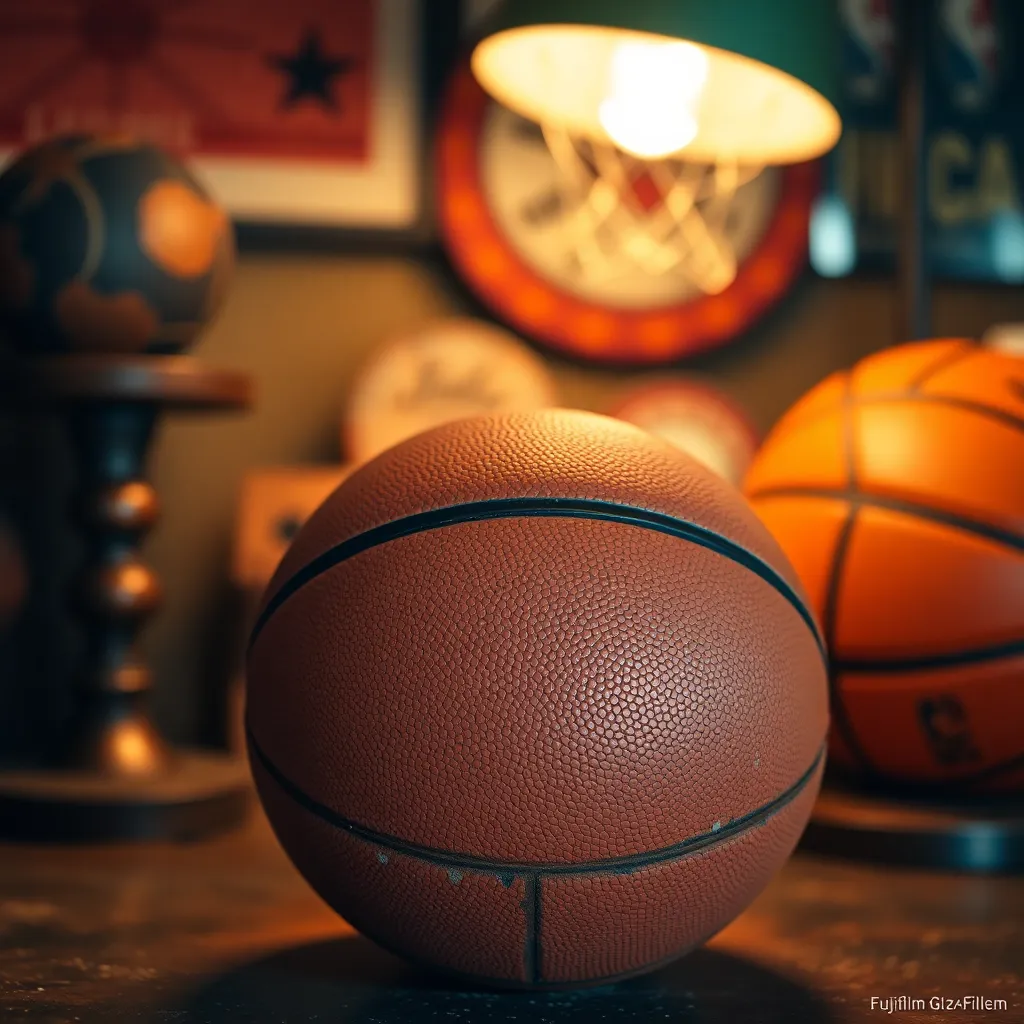 A cozy scene featuring a vintage basketball along with memorabilia in warm tungsten light. The shallow depth of field beautifully isolates the ball, showcasing its distressed leather texture. The details in the background create an inviting atmosphere, perfect for basketball enthusiasts. Dust particles float gently through the warm light, evoking nostalgia for the game.