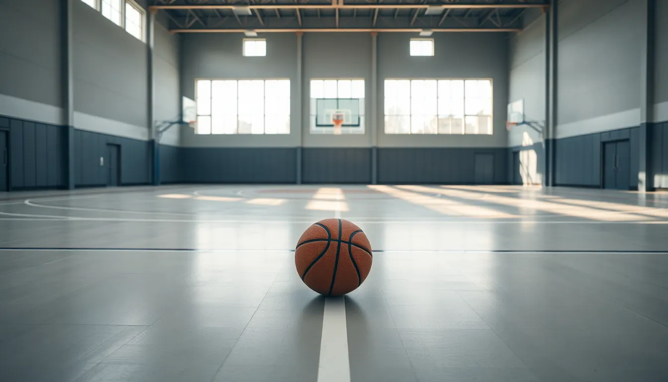 A still moment in a modern training facility’s basketball court, where a single basketball rests on the polished floor, ready for practice. Soft daylight fills the space, creating a calm and inviting environment. The leading lines of the court draw the viewer’s attention toward the ball, symbolizing potential and preparedness. The muted colors enhance the serene atmosphere, while the texture of the polished court adds depth and character to the scene.