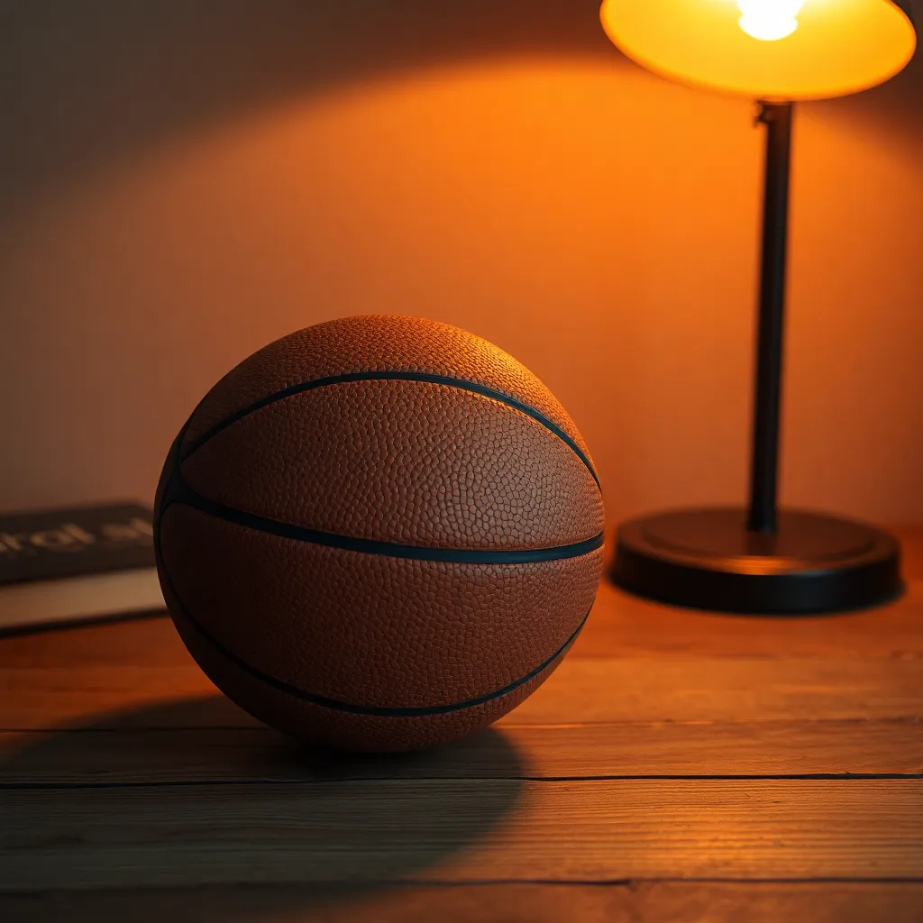 A close-up of a basketball resting on a textured wooden surface, illuminated by a warm tungsten desk lamp. The soft light brings out the intricate detailing of the leather ball, showing its unique texture and wear. Using a shallow depth of field, the focus is drawn to the ball, while the rich wood grain provides an inviting backdrop. This composition highlights the beauty of the game and the craftsmanship of the basketball.