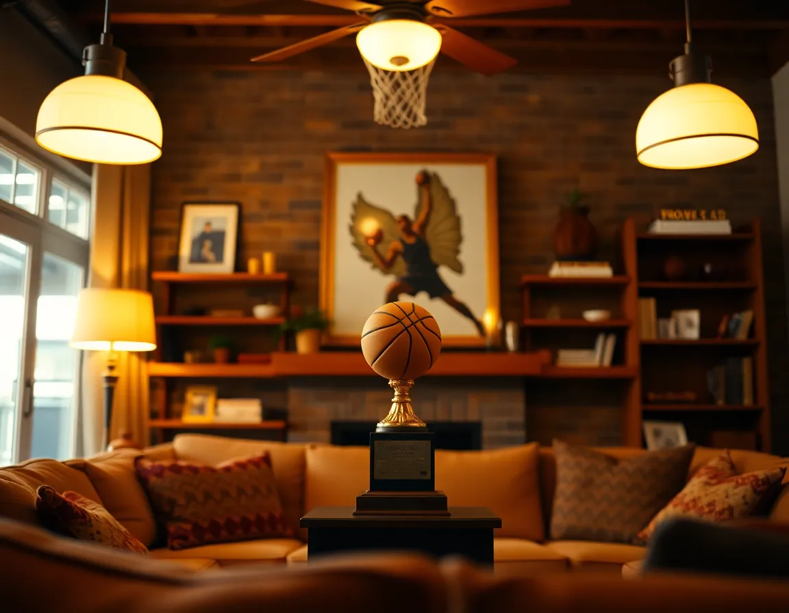 A cozy living room scene showcasing a basketball trophy displayed on a shelf. The warm tungsten lighting creates an inviting ambiance, while the careful arrangement of furniture guides the viewer's eye toward the trophy. The macro focus highlights the intricate details of the trophy, enhanced by the rich textures of the room. This image encapsulates the passion for basketball within a home setting.