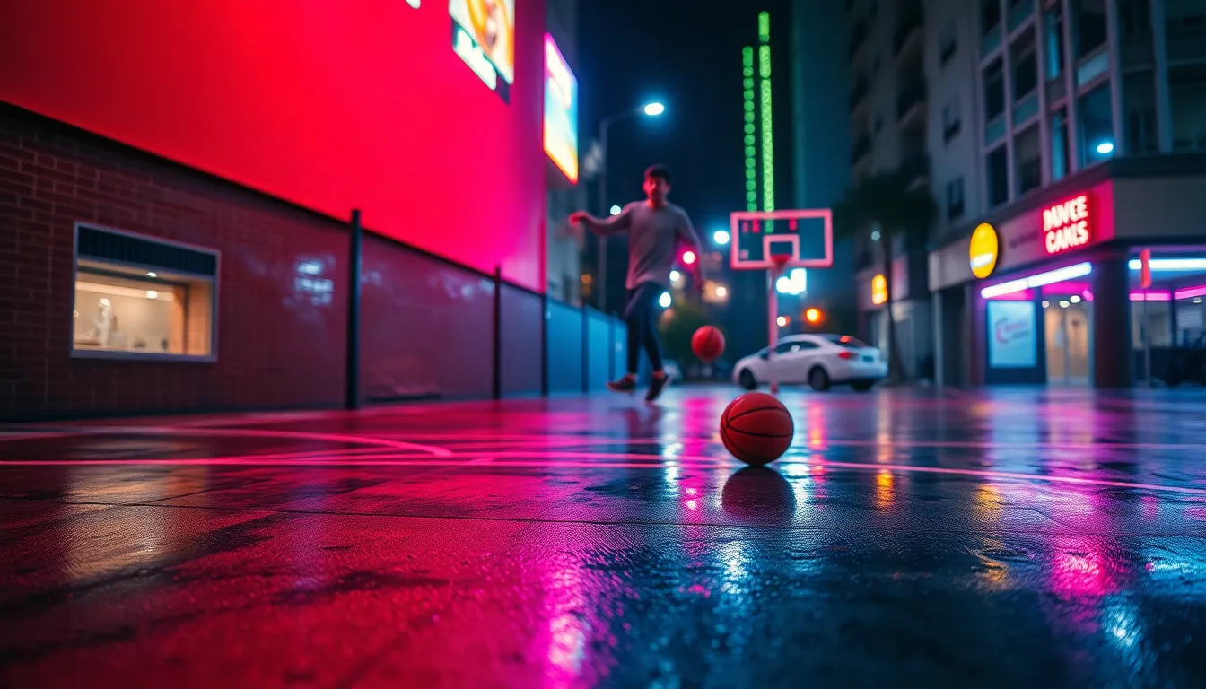 An electrifying scene of an urban street basketball game at night, illuminated by vibrant neon lights reflecting off the rain-soaked pavement. A player is captured in motion, dribbling the ball with intensity, while a Dutch angle adds dynamic tension to the composition. The saturated colors of the neon create a lively atmosphere, and the glossy texture of the wet pavement enhances the urban feel. This image embodies the spirit of street basketball culture.
